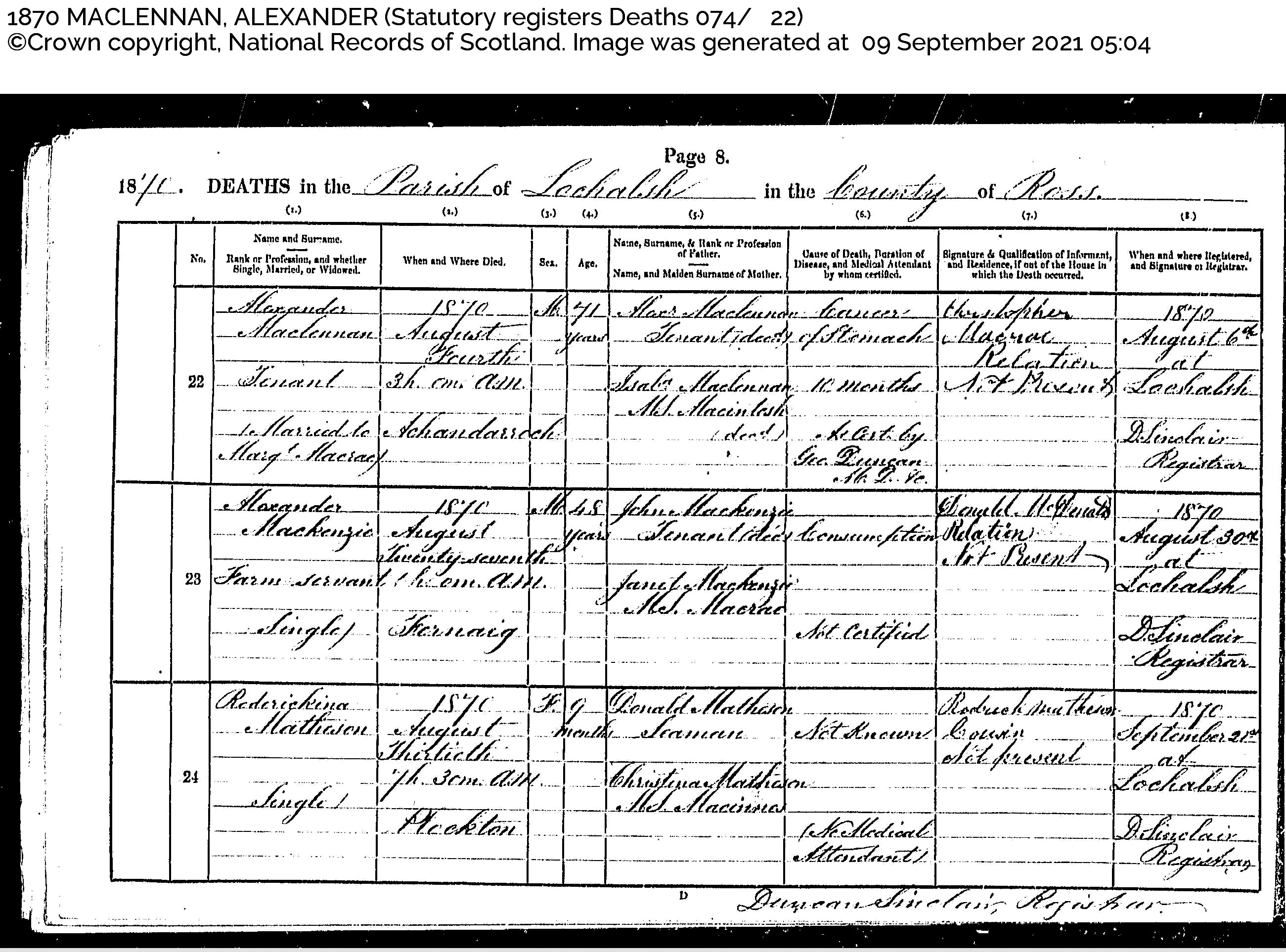 Photo of photos/Alexander MacLennan Death Cert  4 Aug 1870 Lochalsh, Ross and Cromarty